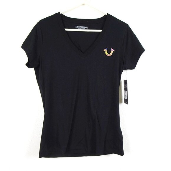 True Religion T-Shirt Top Women's Size L Black Embossed Logo - Picture 1 of 9